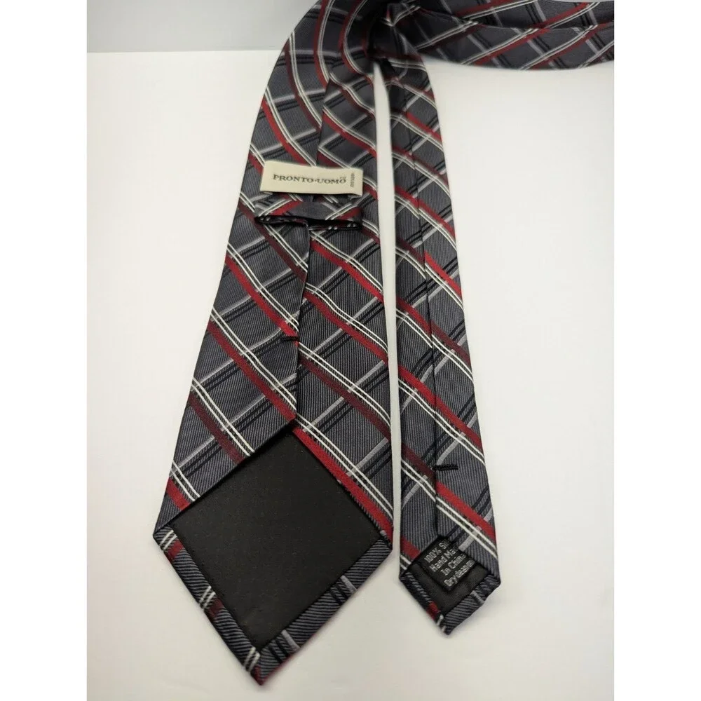 Pronto Uomo Tartan Gray/Red 100% Silk Pointed Classic Necktie Tie‎